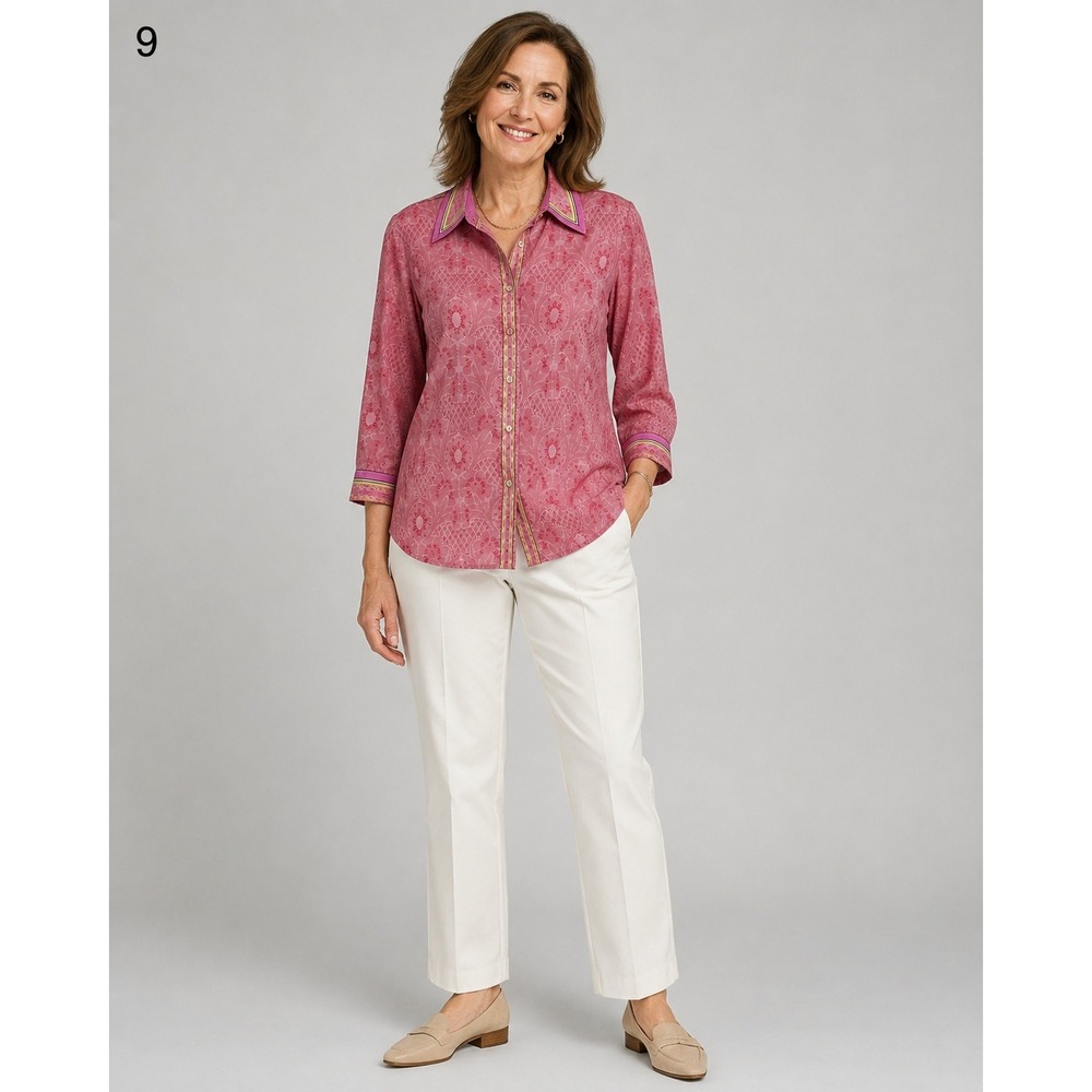 Robert Graham Button Front Shirt Womens Large Pink‎ Silk Damask Contrast Cuffs